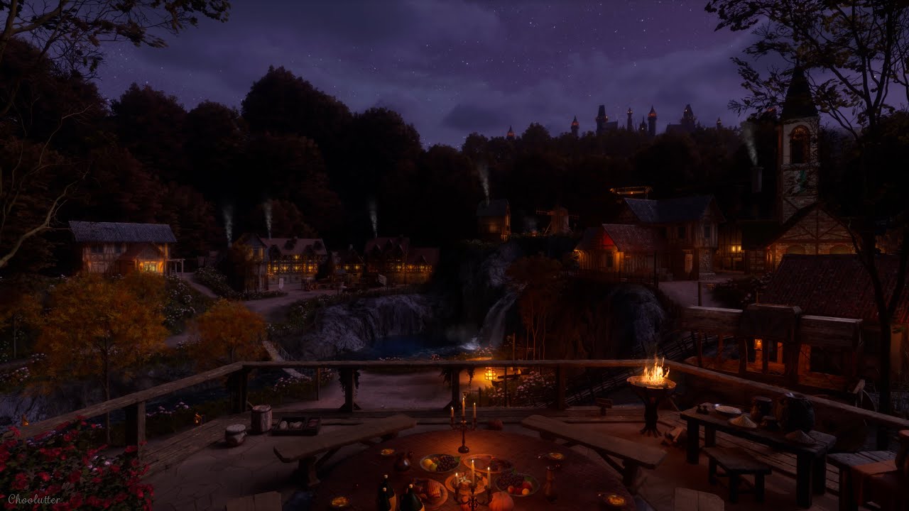 Fantasy Medieval Autumn Night Ambience | Crackling Fire, Crickets, Owl, Water, Calming Nature Sounds