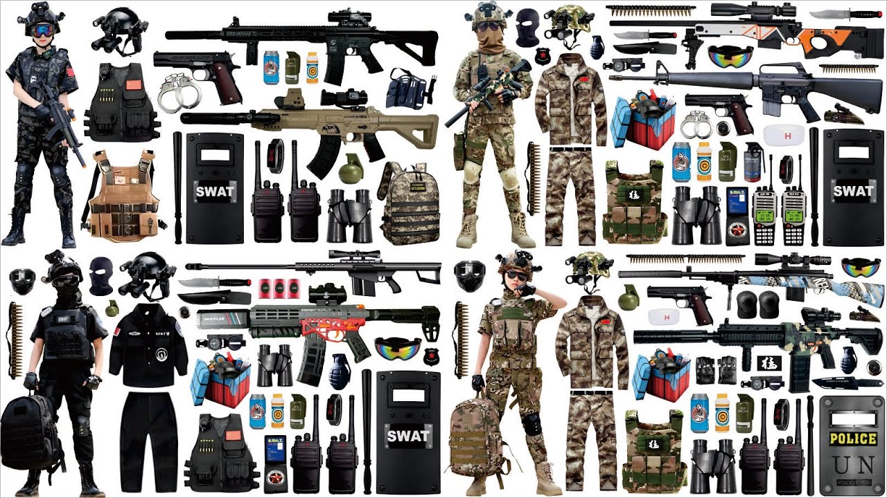 Open box toy gun set, M24 sniper rifle, M4 carbine, AWM sniper rifle, grenade, Glock pistol