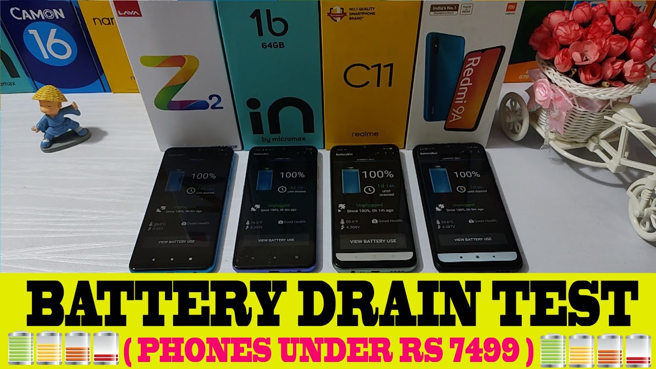 Lava z2 vs Micromax in 1b vs Redmi 9a battery drain test