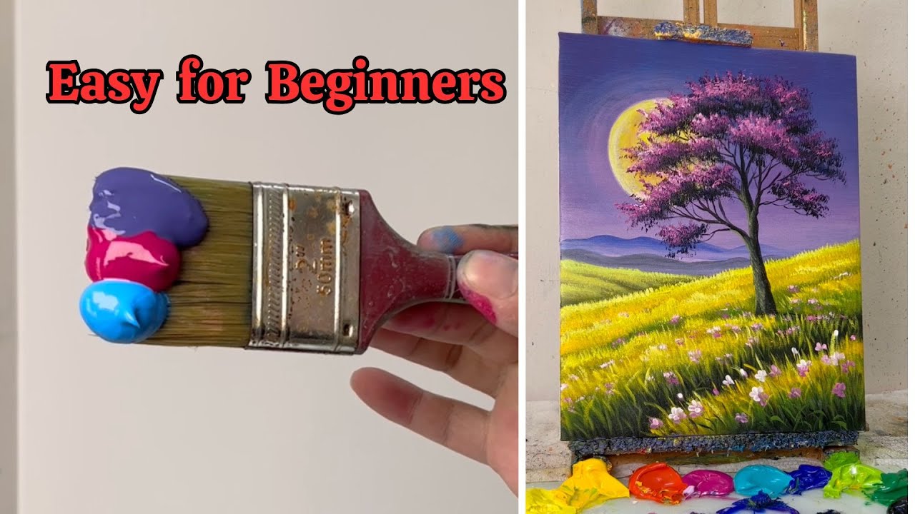 How to Draw Landscape Painting | Beautiful Moonlight Tree Scene with Acrylics for Beginners