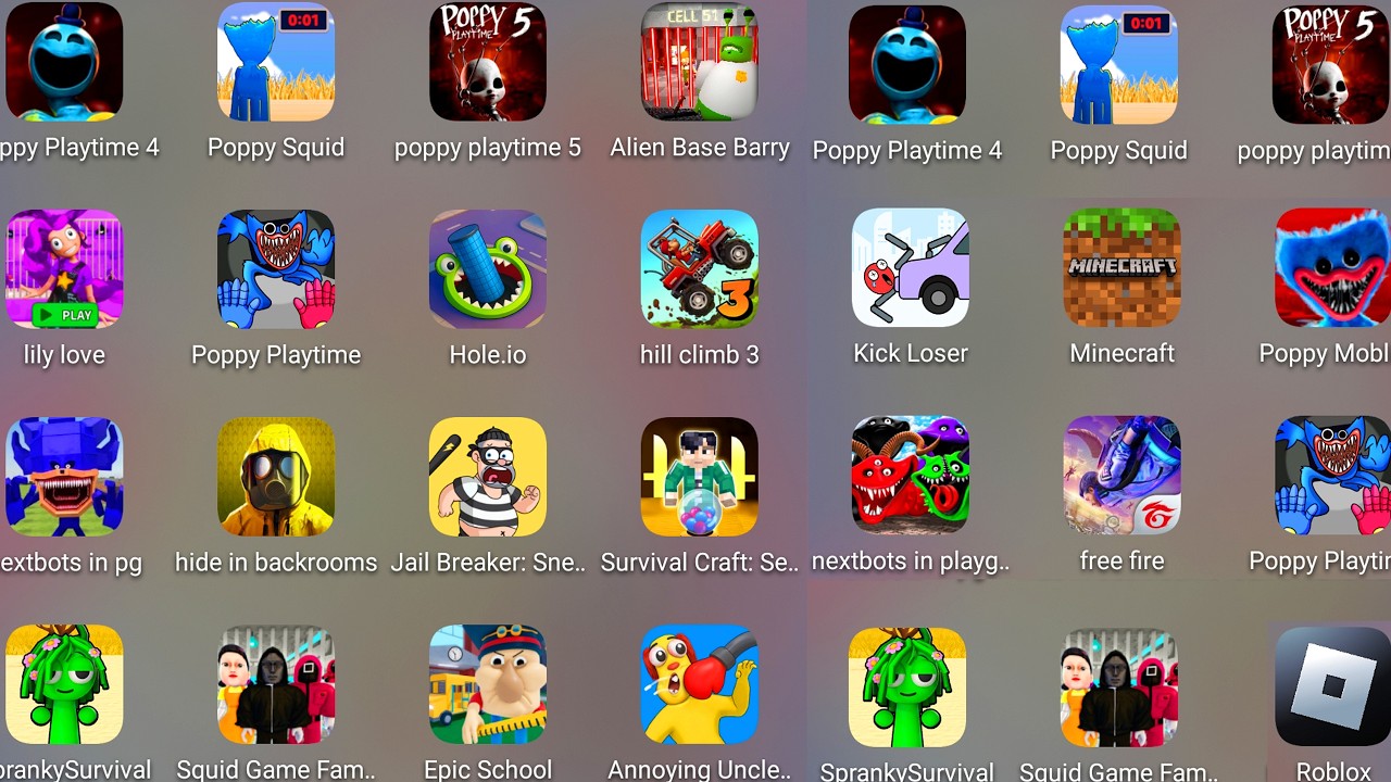 Minecraft,Sprunki Survival,Squid Game,Stumble Guys,Poppy Playtime 5,Annoying Uncle Punch Game.......