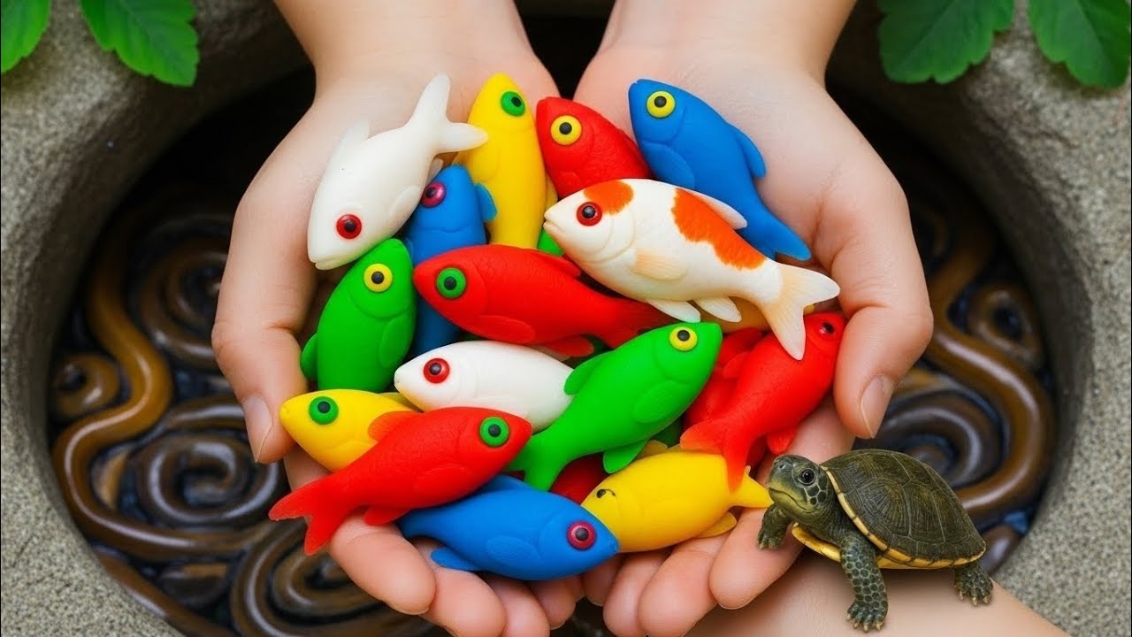 Exploring a Small Pond Full of Aquarium Fish baby turtles, eel, frog, pencil fish,guppies, nemo fish