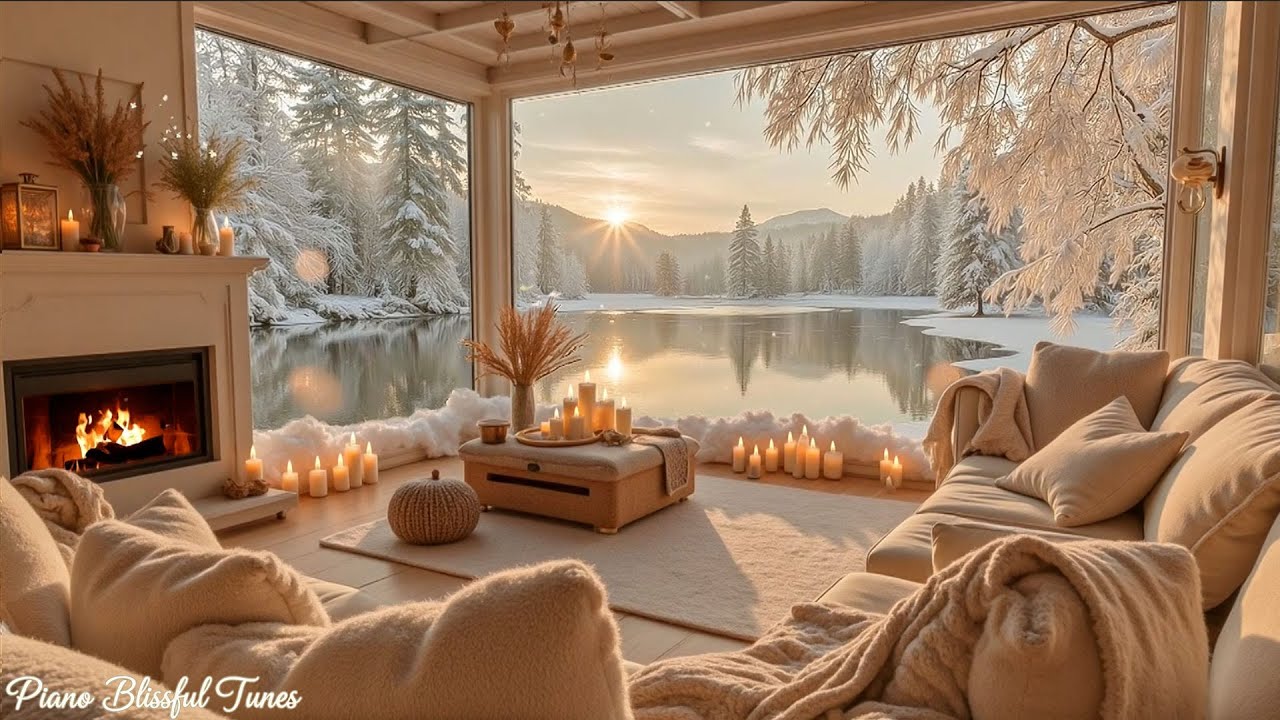 Cozy Winter Lakeside Cottage ⛄ Peaceful Piano Music & Fireplace Sounds for Focus, Study