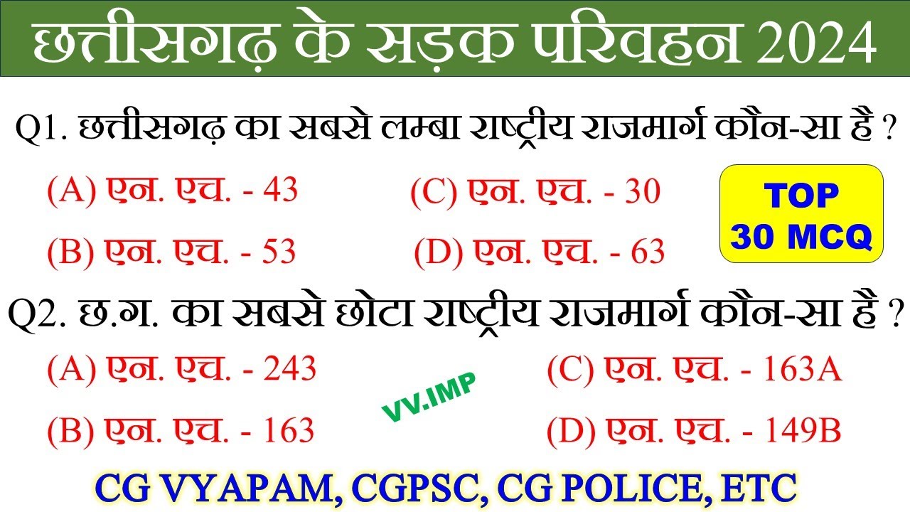 छत्तीसगढ़ के सड़क परिवहन MCQ | CG Transport GK Questions | CG Current Affairs,CG Sadak Parivahan GK