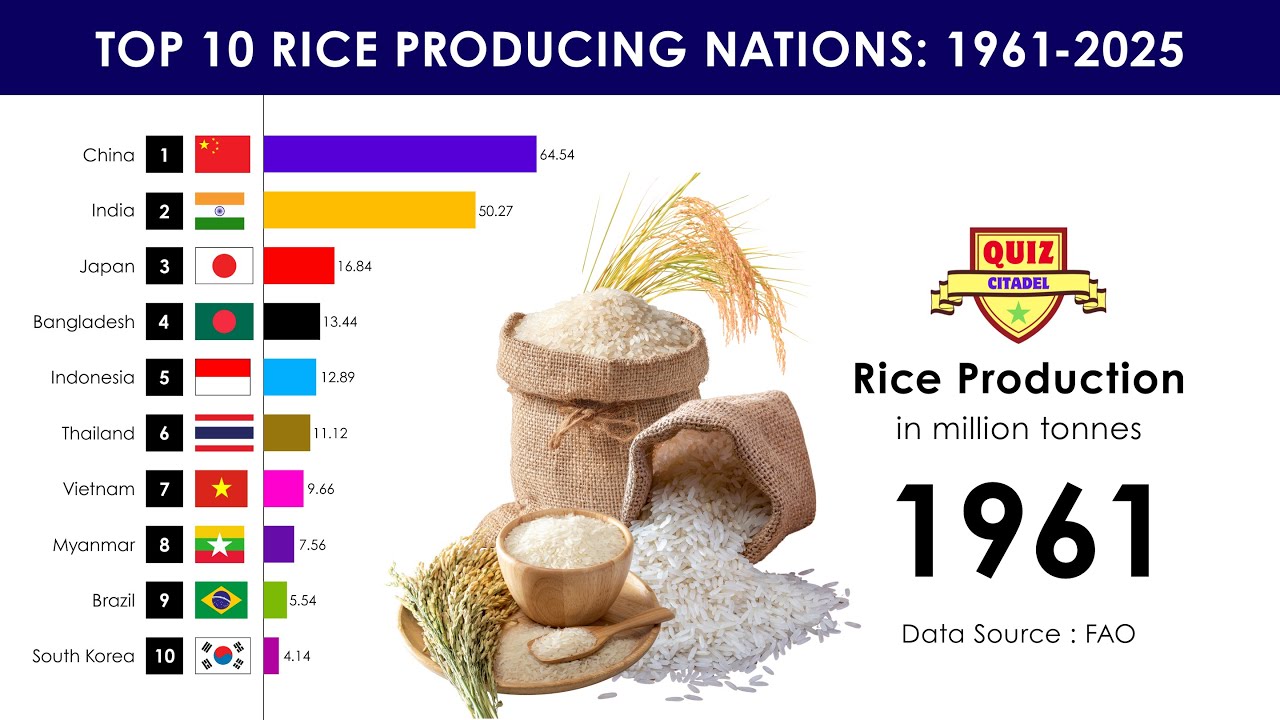 Rice Production by Country (1961&ndash;2025) | Top Producers Bar Chart Race