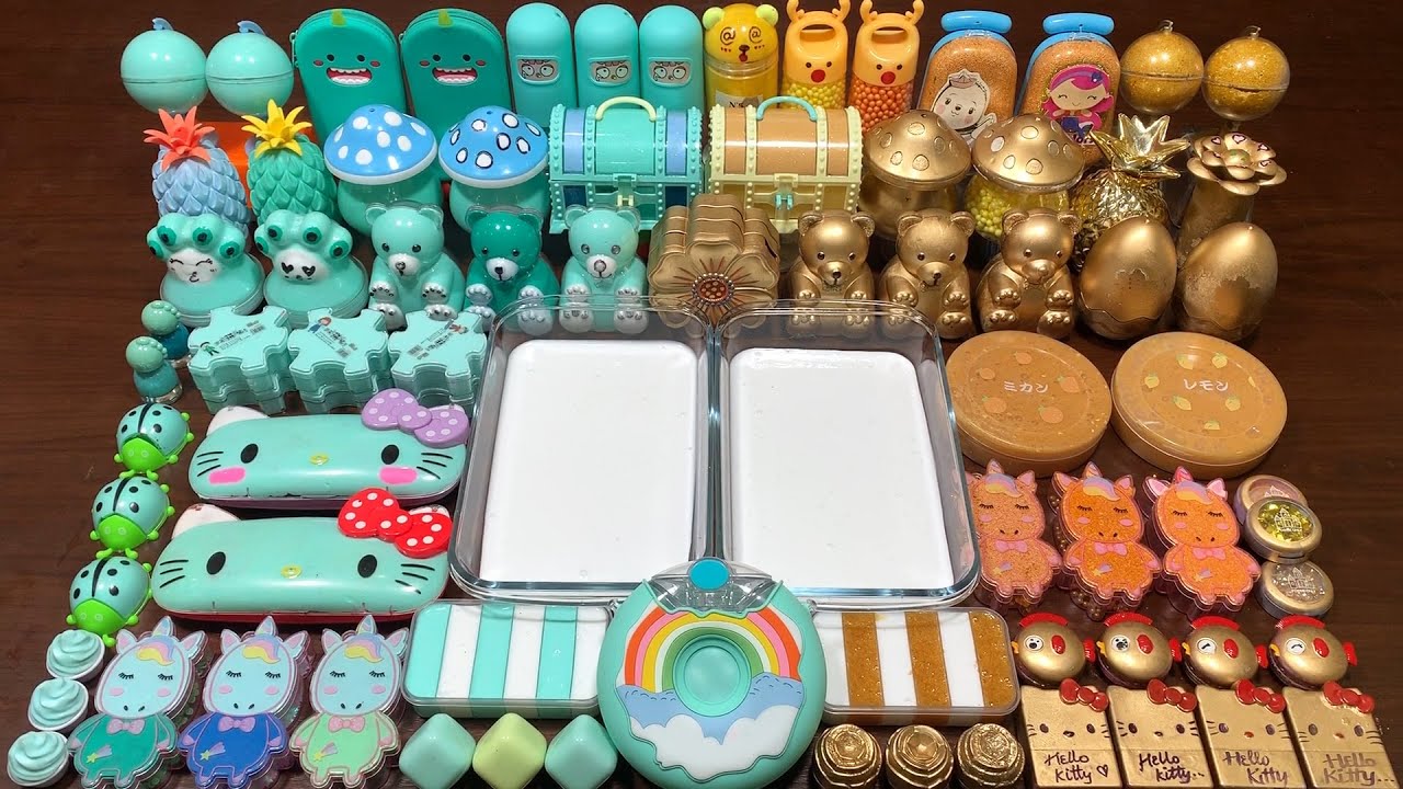 SPECIAL HELLO KITTY GOLD VS CYAN - Mixing Random Things Into Slime ! Satisfying Slime Videos #1570