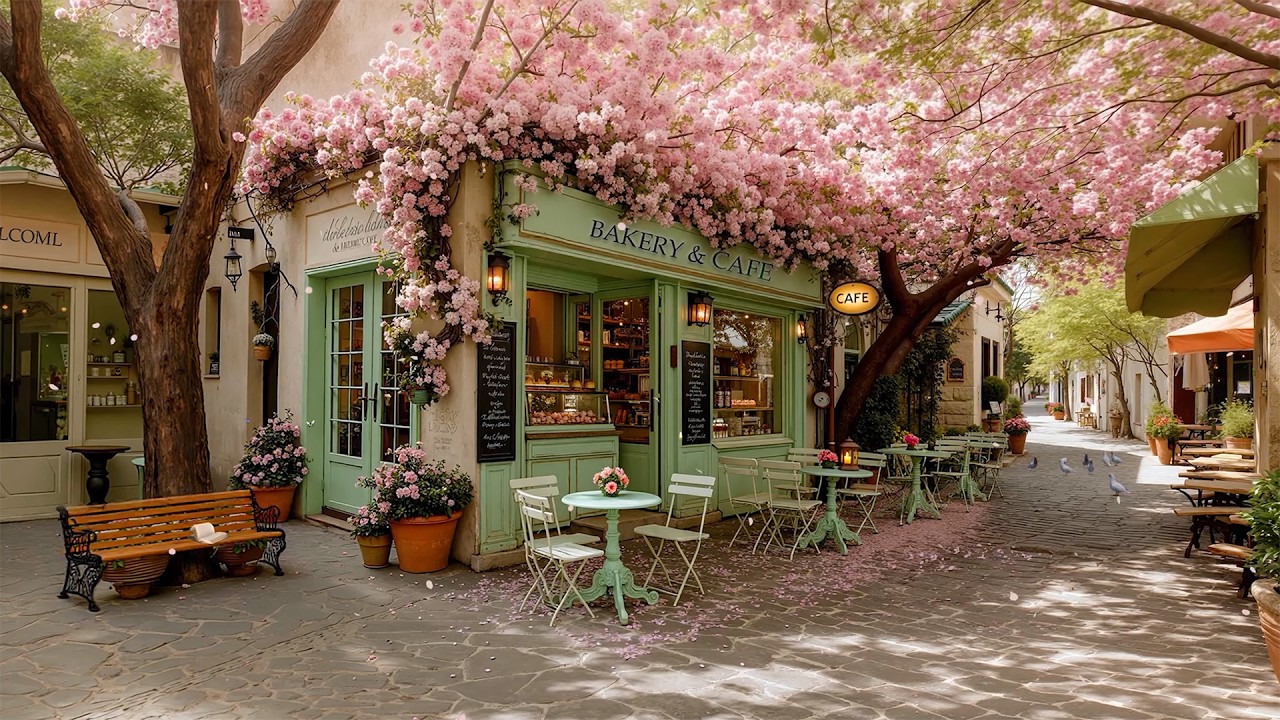 Cherry Blossom Bakery Caf&eacute; in an Old Town Spring Morning 🌸 Soft Jazz for Calm Mind & Peaceful Start☕