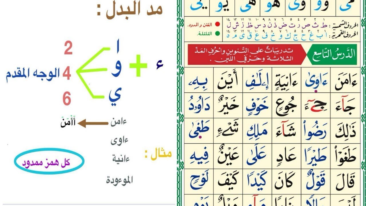 الدرس التاسع (تدريبات على التنوين وأحرف المد الثلاثة وحرفي اللين) برواية ورش