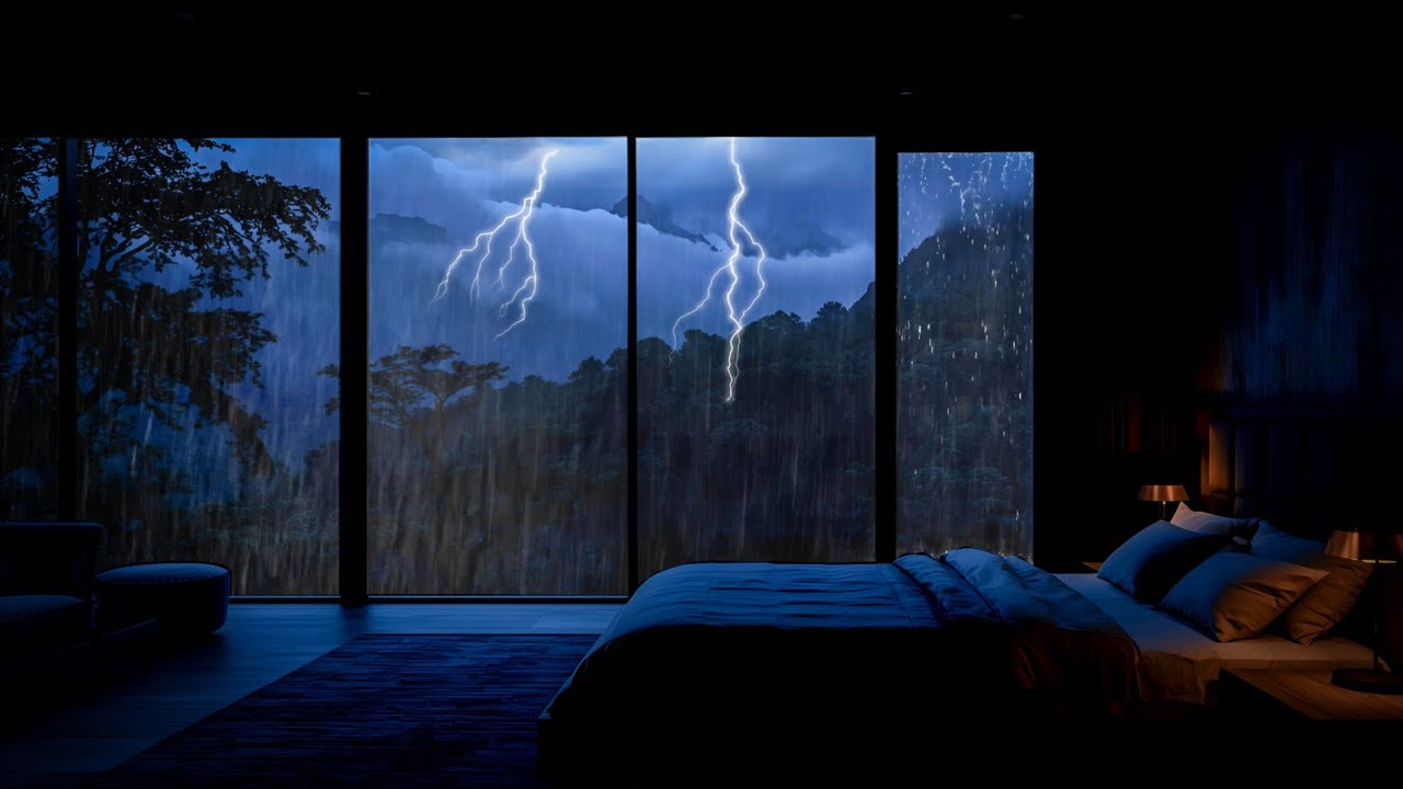 Soothing Rain Sounds for Sleeping 🌧️ Cozy Glass Wall Bedroom with Mountain Storm ⛈️ Sleep Instantly