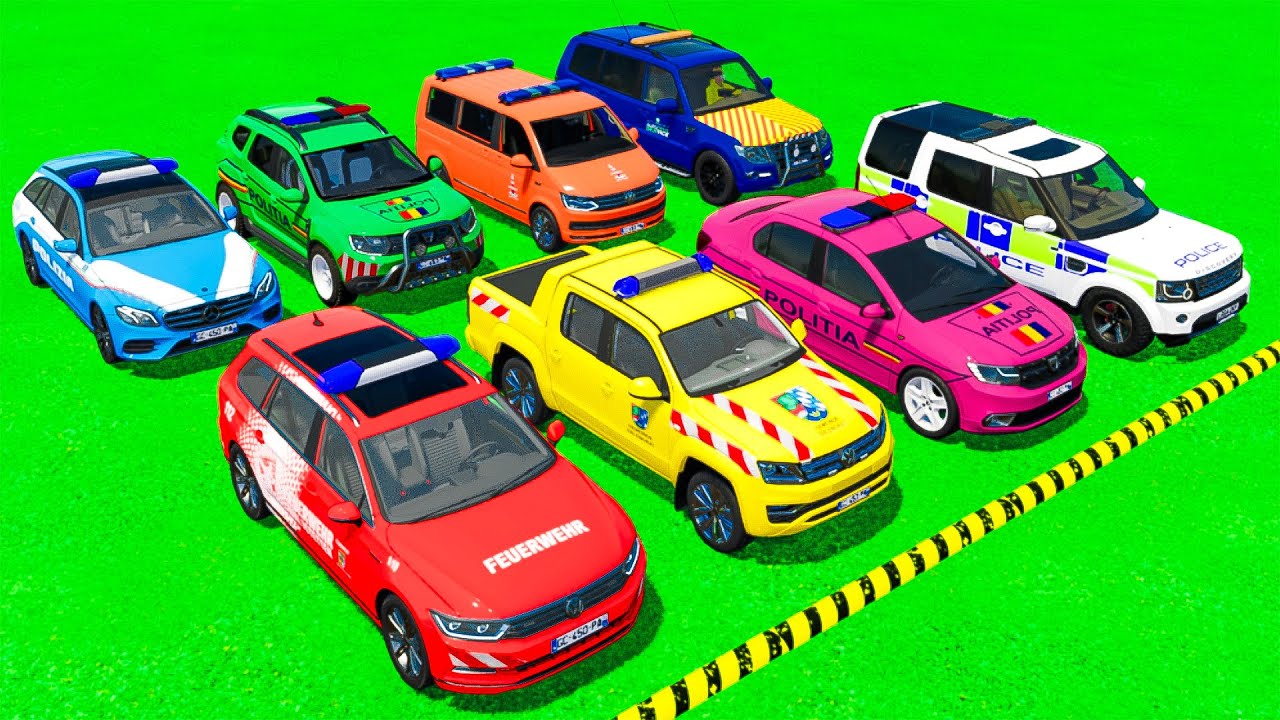 TRANSPORTING POLICE CARS, FIRE DEPARTMENT CARS, AMBULANCE CARS WITH TRUCKS ! Farming Simulator 22