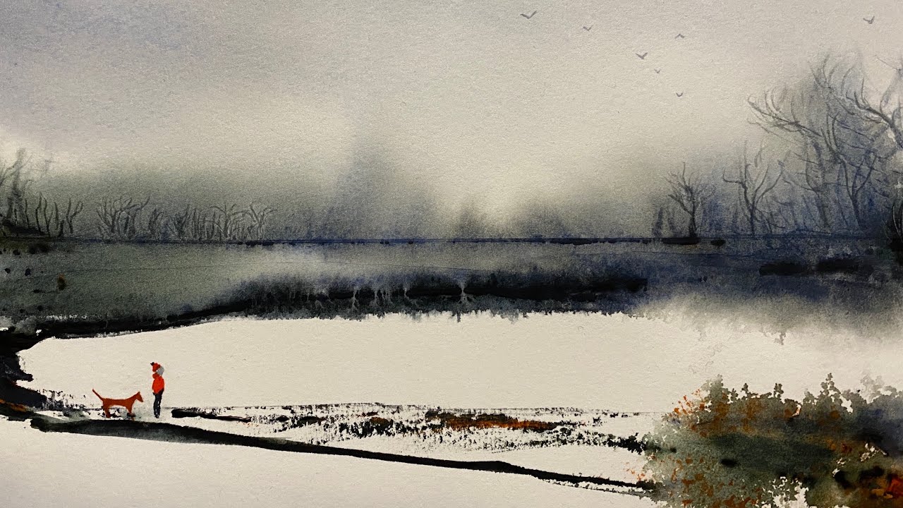 Paint A Simple LOOSE Frozen Lake Watercolor Landscape TUTORIAL Watercolour BOXING DAY WALK Demo