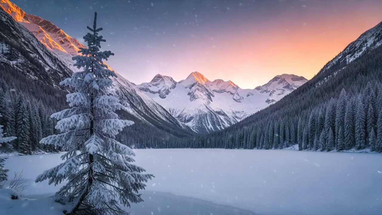 Dawn's Embrace: A Frozen Lake Amidst Snowy Peaks and Pines - Winter Lake Relaxation