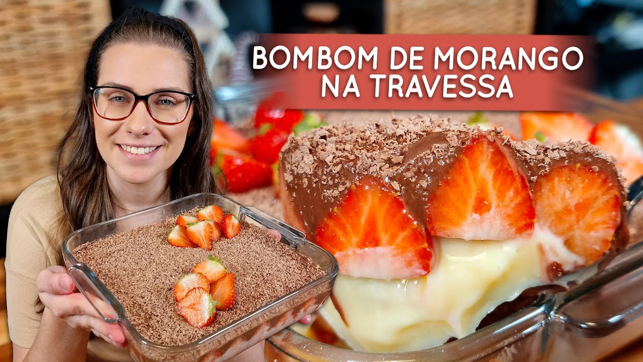sobremesa de morango, bombom aberto de morango na travessa !