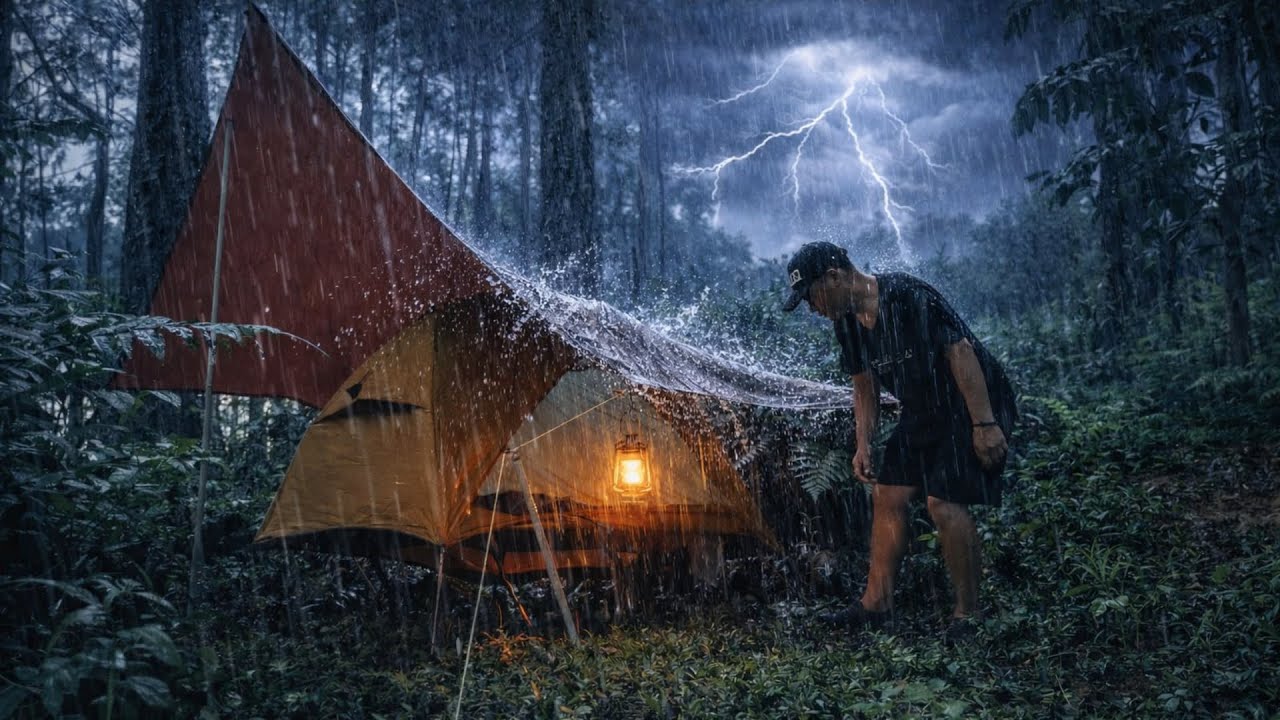 ⚡ Trapped Alone in a Violent Storm — Dangerous Solo Camping in the Forest ⛈️