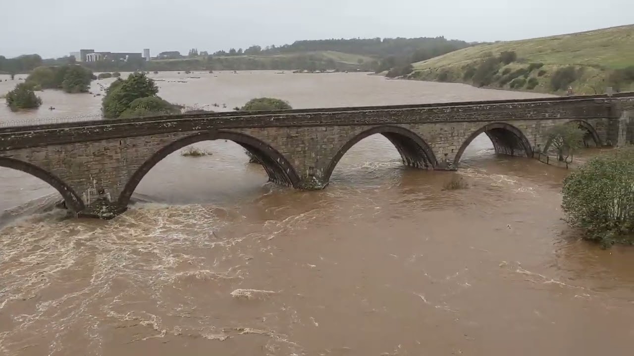 View from bridge over North Esk shows extent of flooding caused by Storm Babet