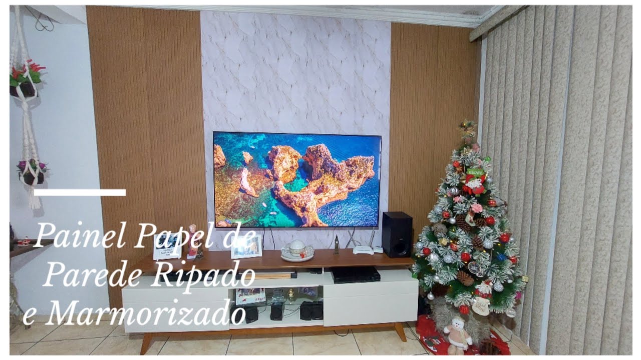 Papel de Parede Ripado+Marmorizado Com Dourado/Transformação na Sala/Painel Ripado