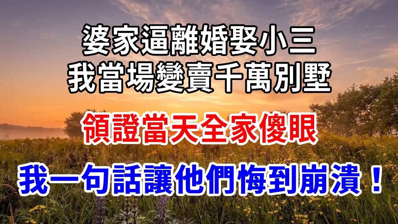 婆家逼離婚娶小三，我當場變賣千萬別墅！領證當天全家傻眼，我一句話讓他們悔到崩潰！