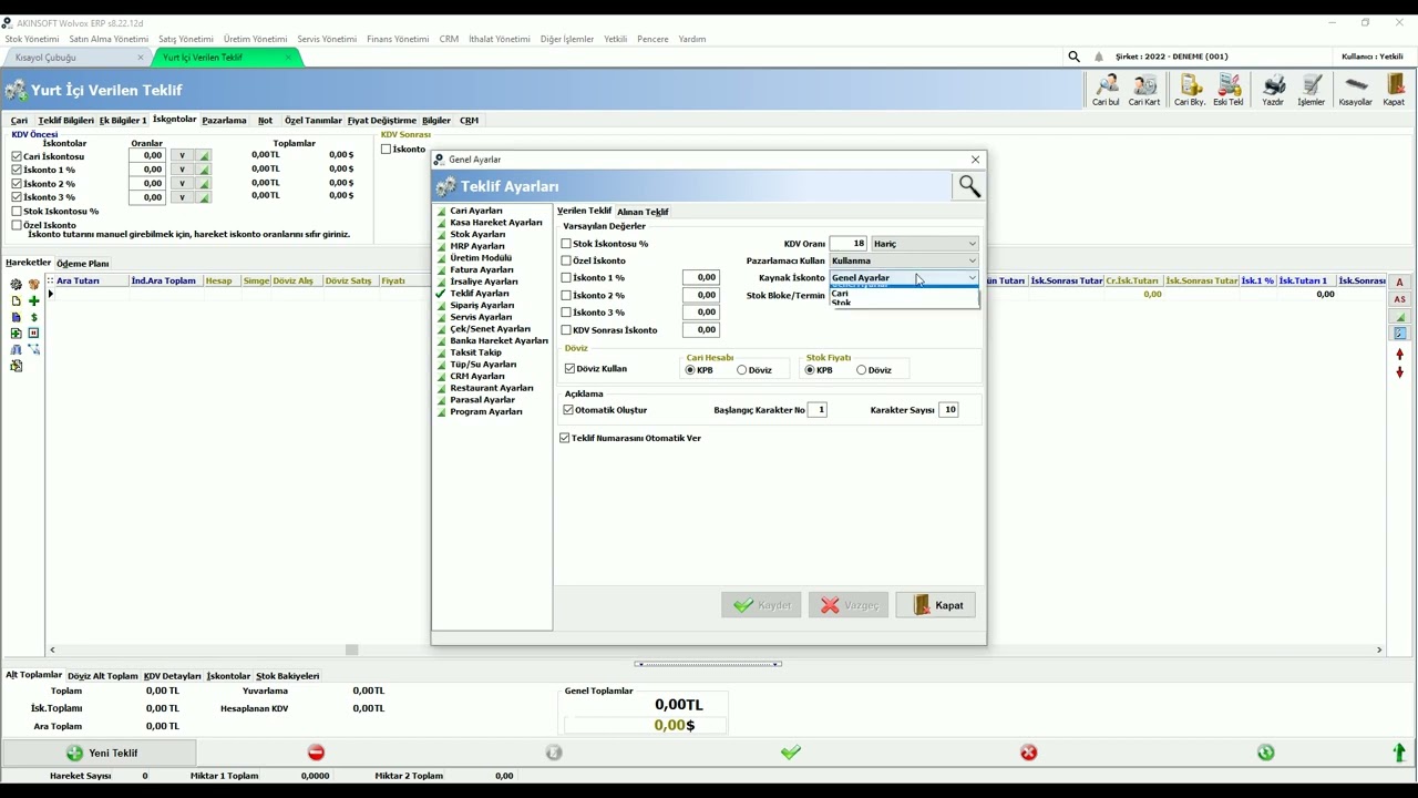 AKINSOFT WOLVOX 8 ERP - TEKLİF İŞLEMLERİ - Teklif Sayfası |   İskontolar Sekmesi Kullanımı
