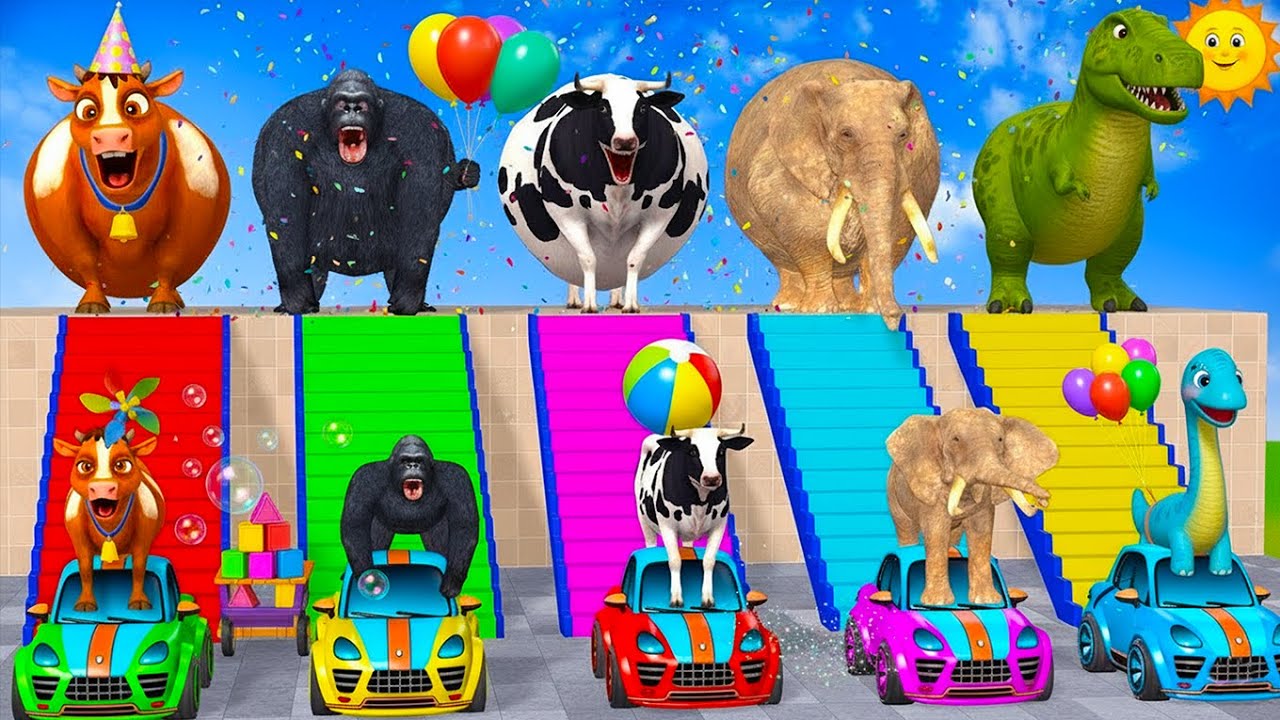 😱Long Slide Game With Cow Elephant Gorilla Hippopotamus Tiger 3d Animal Game Funny 3d Animals 🦍🦁🐘