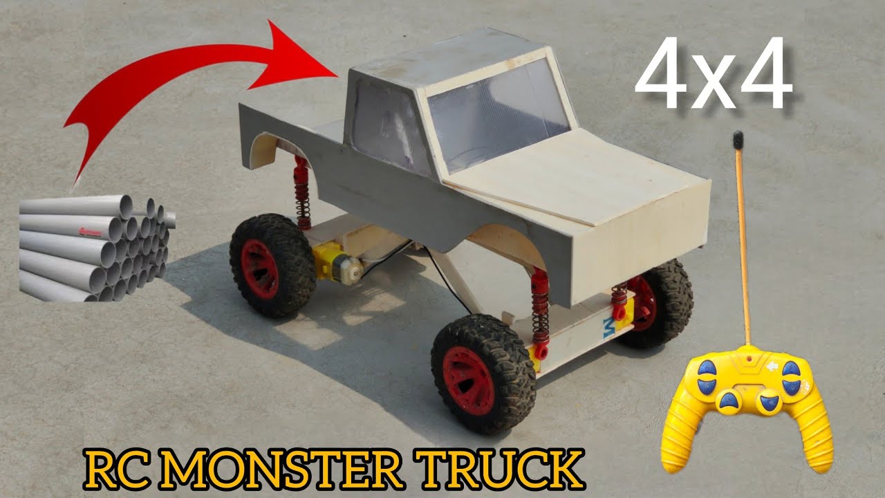 Bulid diy 4X4 MONSTER TRUCK using pvc pipe and  and shock absorber and rubber wheel