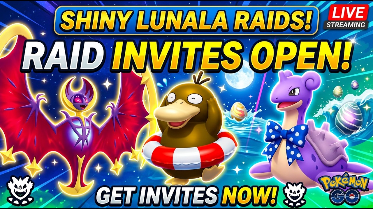 🔴 LIVE: Shiny Lunala + Costume Lapras & Psyduck Raid Invites | Pok&eacute;mon GO