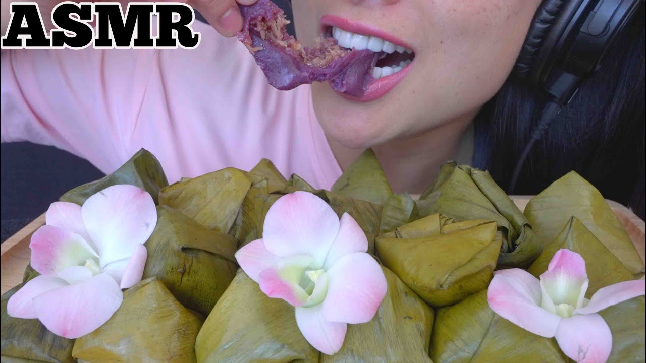 ASMR SWEET COCONUT PURPLE YAM IN BANANA LEAF RICE CAKE (SOFT EATING SOUND) LIGHT WHISPERS | SAS-ASMR