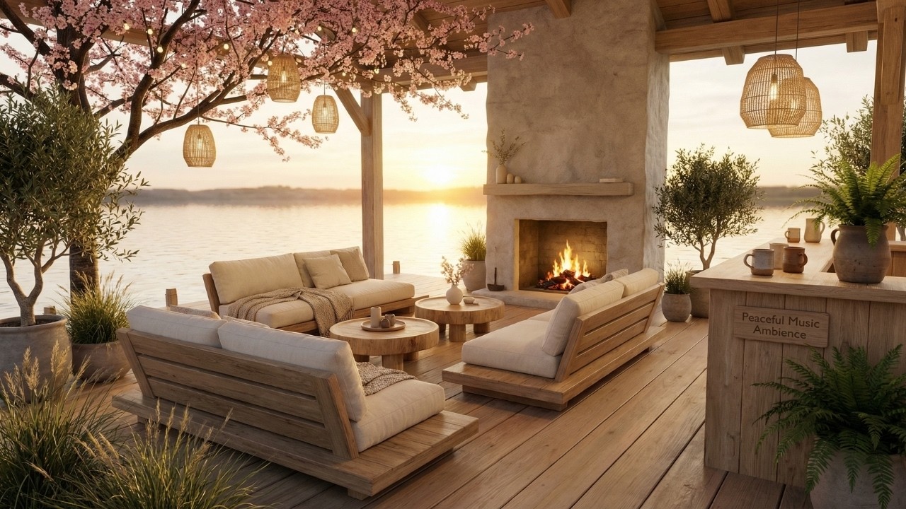 Warm Relaxing Jazz 🌸 Cozy Lake Porch Ambience ☕ Smooth Piano Jazz for Stress Relief & Focus