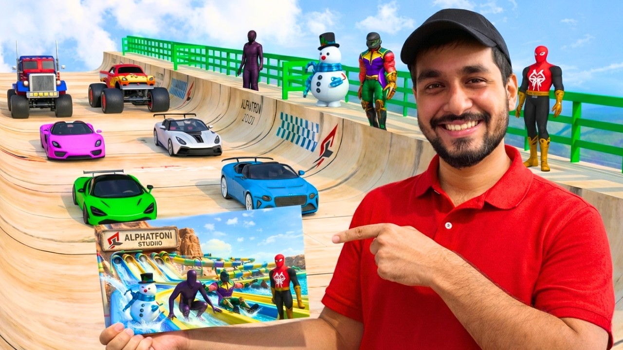 Superhero Mega Ramp + Water Slide Challenge! (MOBILE GAME)