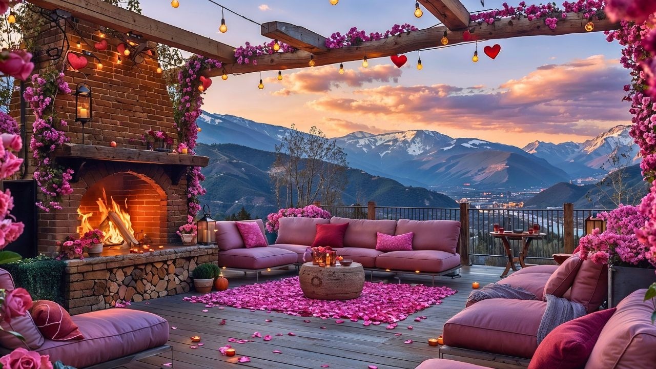 Cozy Valentine’s Pink Snow Evening 💕🔥 Soft Jazz & Warm Fireplace Ambience for Relax, Chill & Love