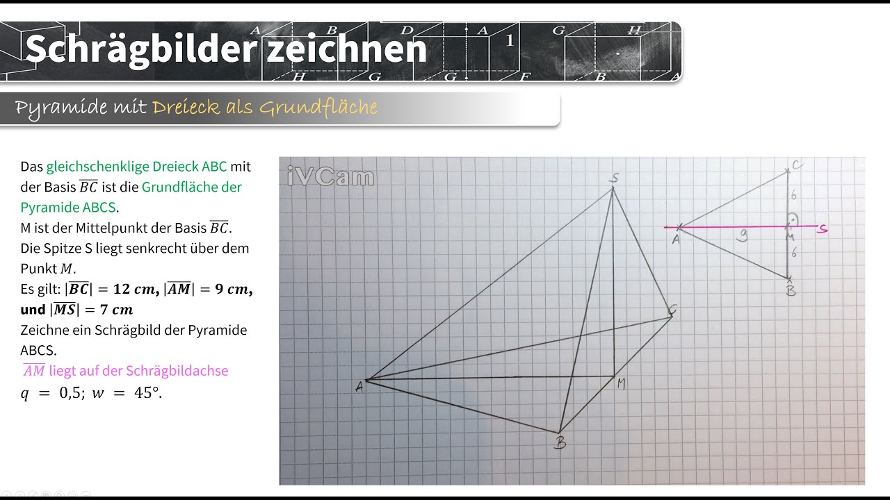 Schrägbild Pyramide -  gleichschenkliges Dreieck als Grundfläche