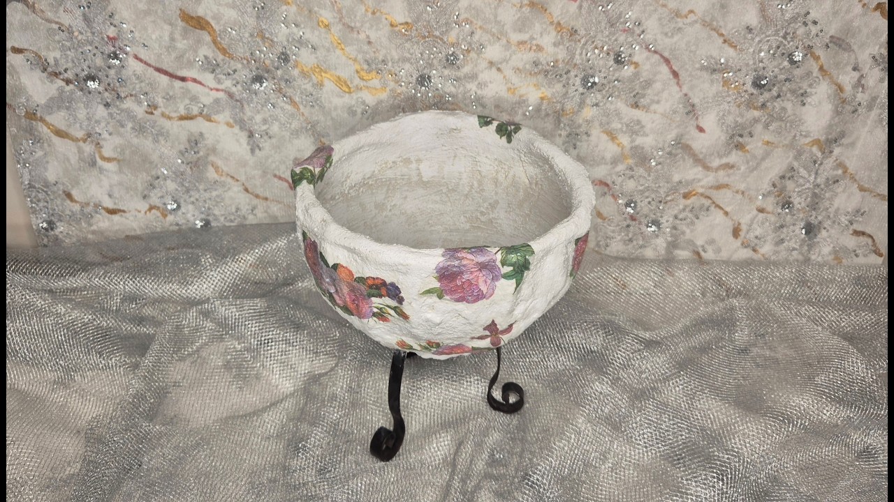 Concrete Balloon Pot with Recycled Metal Stand & Decoupage
