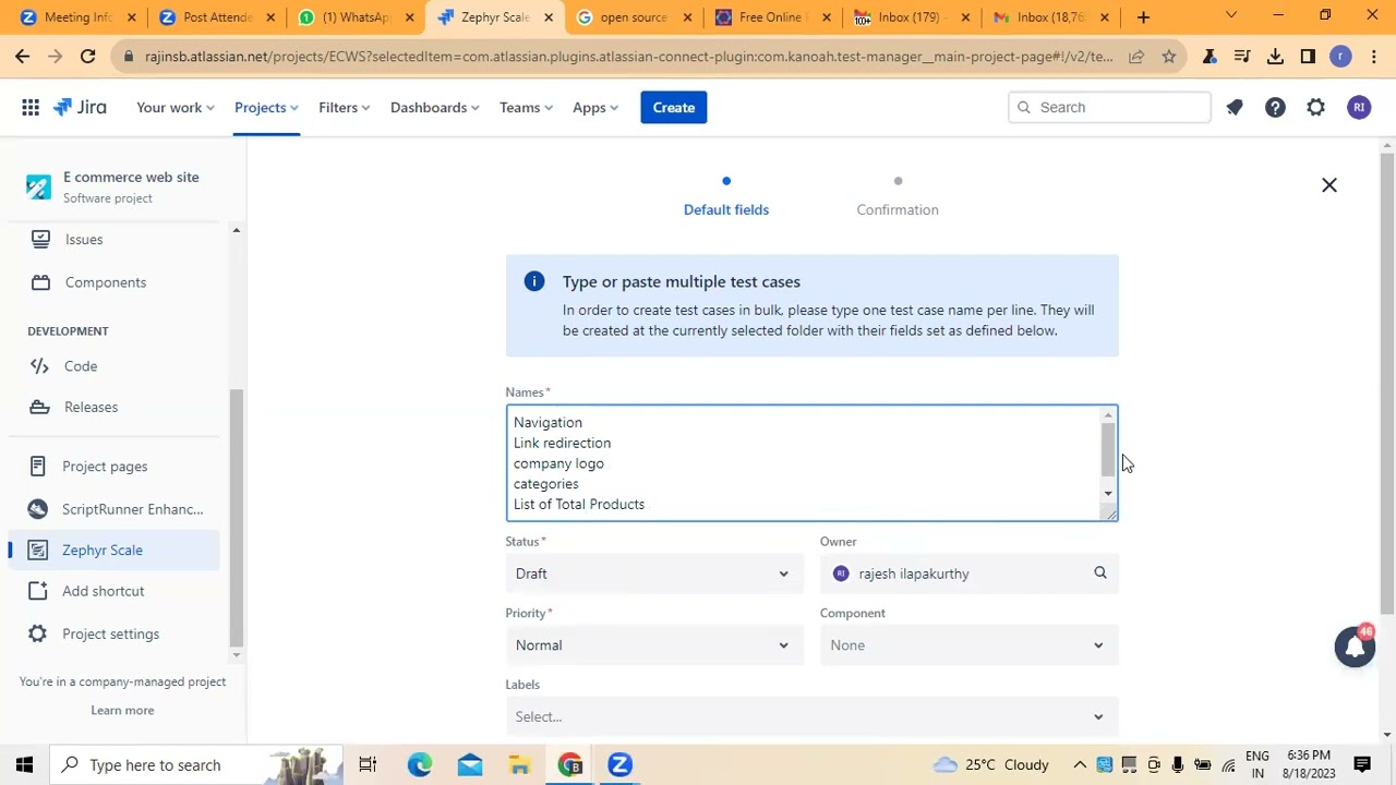 Test cases - creating test cases in JIRA using Zephyr