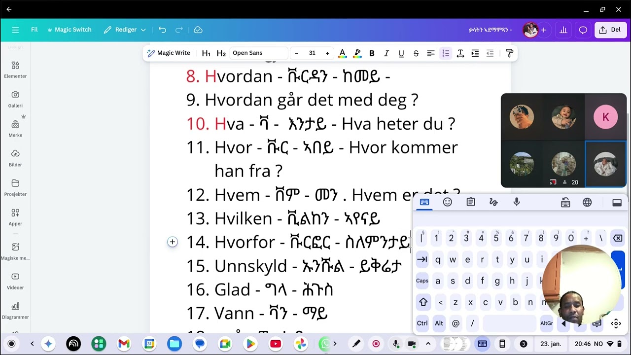 A1 nivå - ኣደማምጻን  ክንፈልጦም ዝግብኣናን ቃላትን