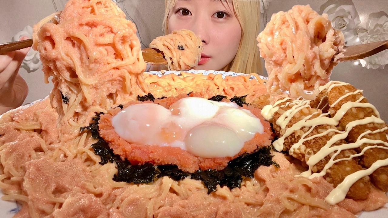 ASMR Паста Ментайко с майонезом【русские субтитры】【Mukbang/ Eating Sounds】