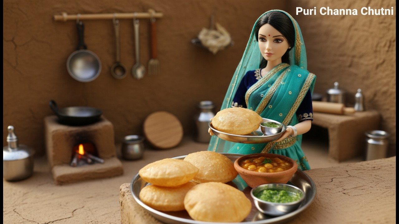 Miniature Doll Puri Channa Chutni Village ASMR | Indian Village Tiny Kitchen ASMR