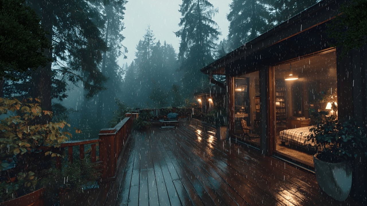 Rainy Cabin Deck Deep in the Forest 🌧️ | Natural Sleep Sounds