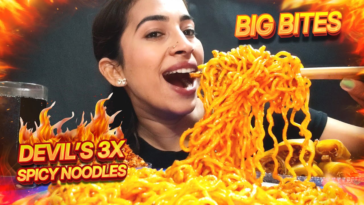 My First Mukbang!🔥  Devil's 3X Spicy Noodles, Laphing & Chatpate Mukbang🌶️😱 | Big Bites