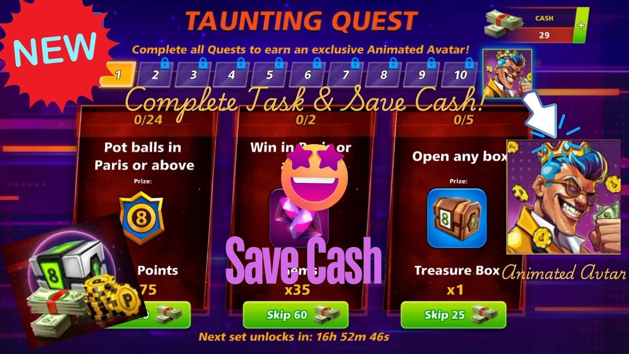 Taunting Quest🔥Complete: Save Your Cash💰 & Win Big | 8 Ball Pool 🎱