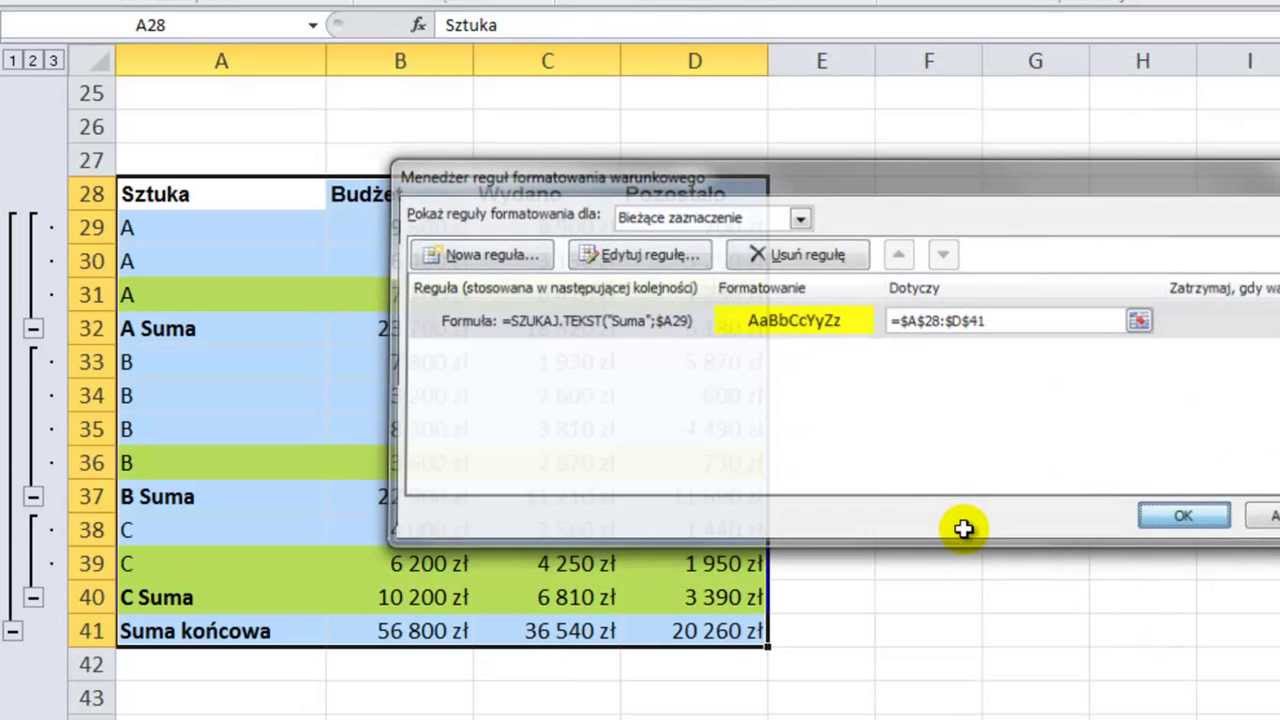 Excel - Formatowanie warunkowe wiersza powyżej kryterium tekstowego sumy częściowe - sztuczki #35