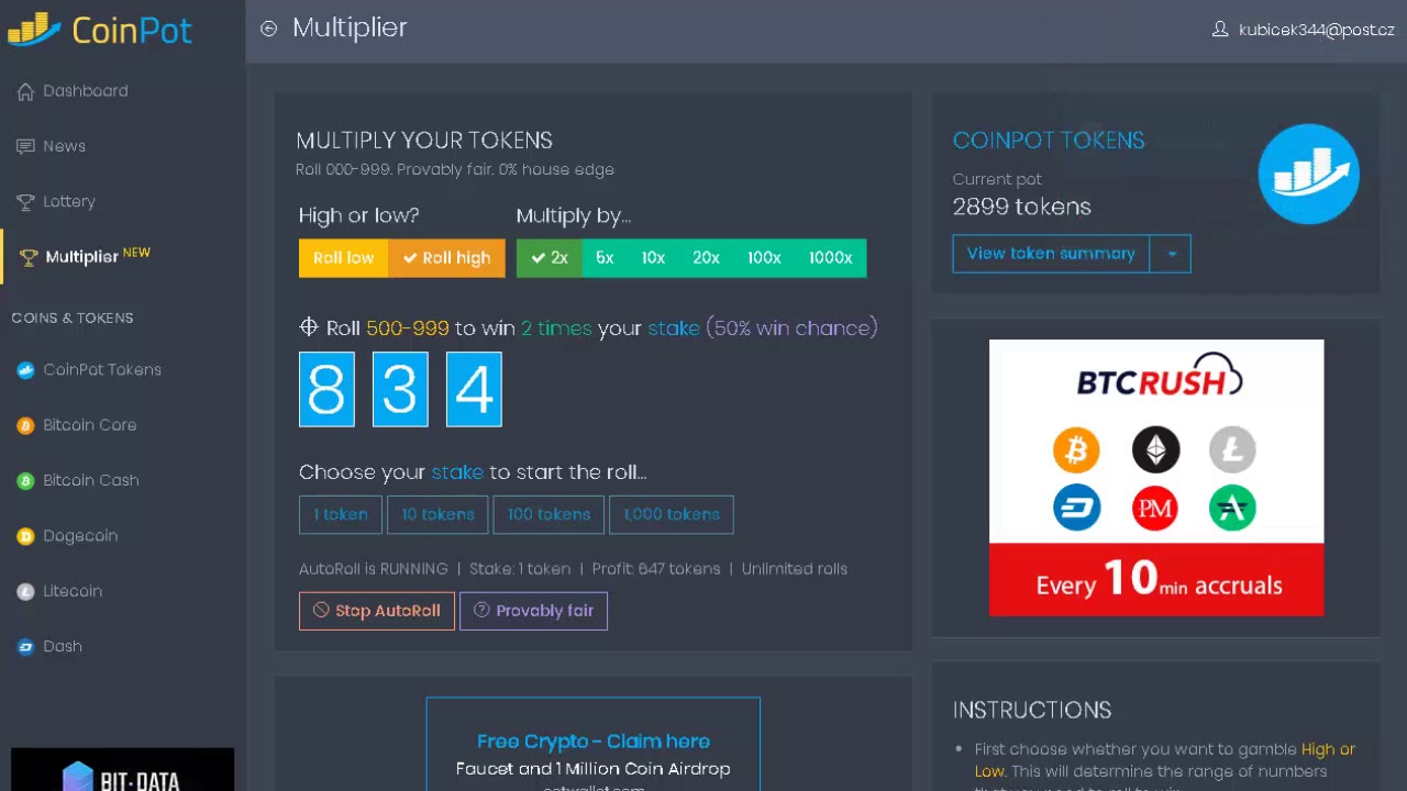 1000 satoshi every 10 min (CoinPot tactic)