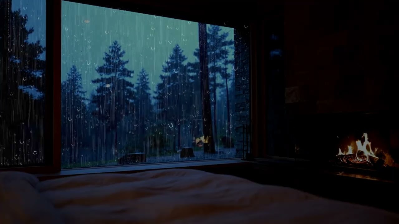 NO ADS 3 Hours | Night Rain, Rain Sounds & Fireplace at Badroom 🌧️😴 Defeat Insomnia & Sleep