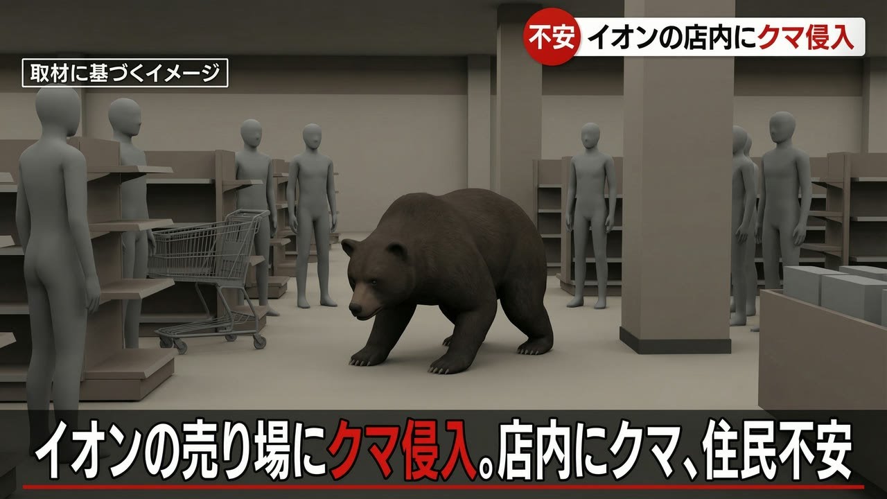 【衝撃】日曜のイオンにクマ侵入…店員が“即席バリケード”で封じ込めた一部始終｜3DCGで完全再現
