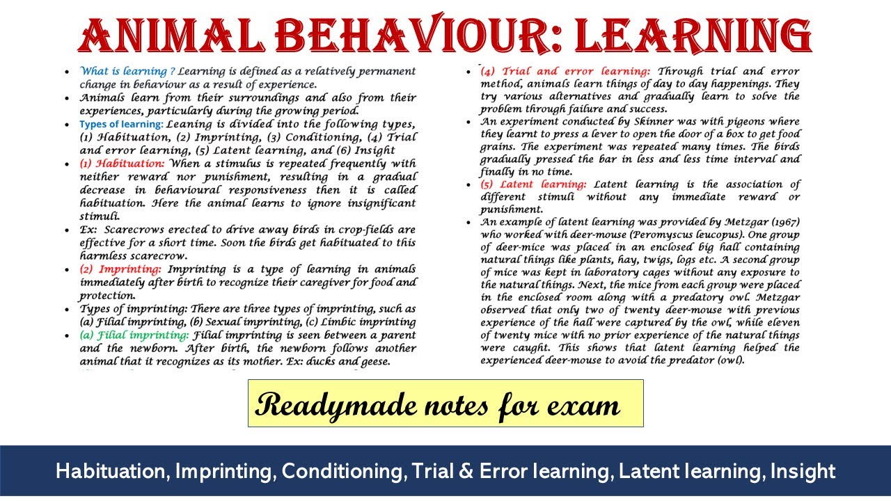 Learning| Habituation| Imprinting| Conditioning| Trial and error learning| Latent learning| Insight