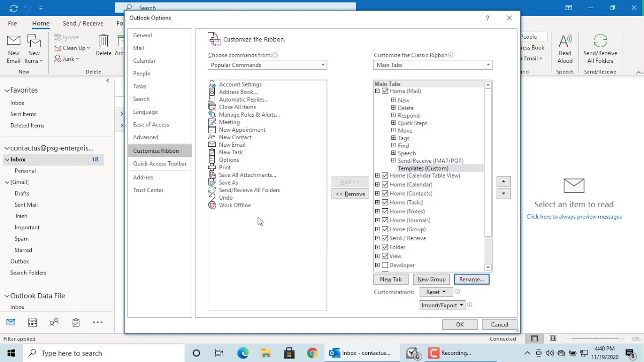 How to Add Shortcut for Email Templates folder in Outlook Ribbon - Office 365
