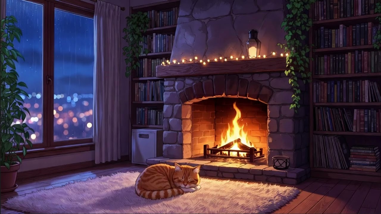 Cozy Rainy Night with Sleepy Cat: Crackling Fire & Rain ☁️💤🐾