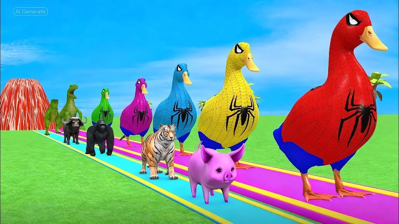 Long Slide Game With Cow ,Elephant ,Gorilla Hippopotamus, Tiger | Funny 3D Animals