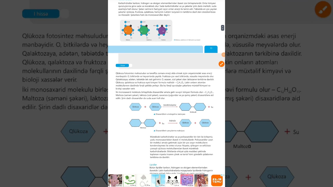 8- ci sinif yeni dərslik biologiya.Hüceyrənin üzvi birləşmələri