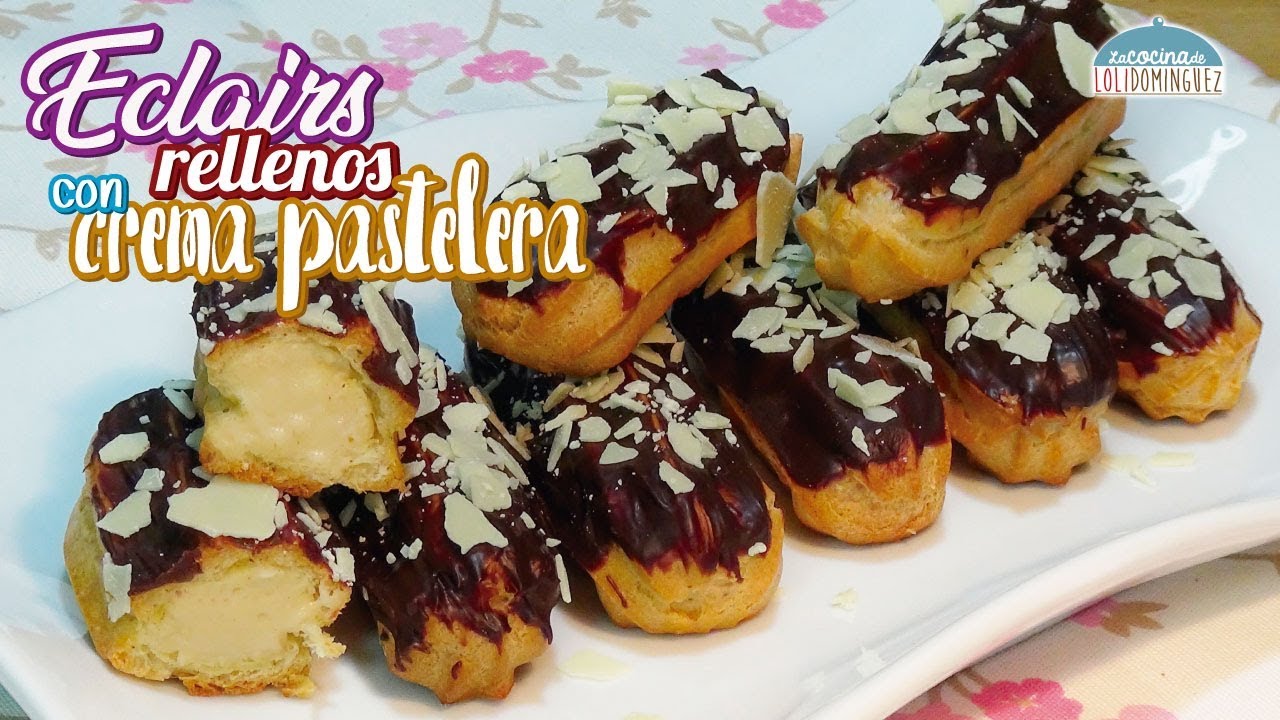 Relámpagos o eclairs rellenos con crema pastelera y cobertura de chocolate - Loli Domínguez