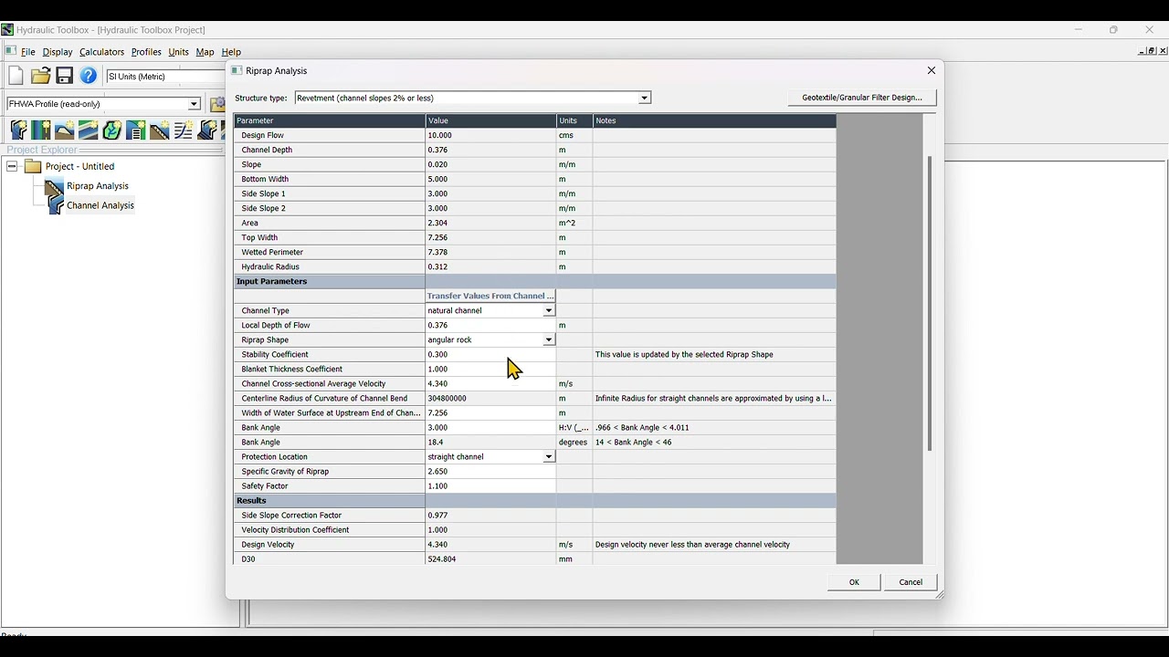 Riprap Analysis for Channel in Hydraulic Toolbox