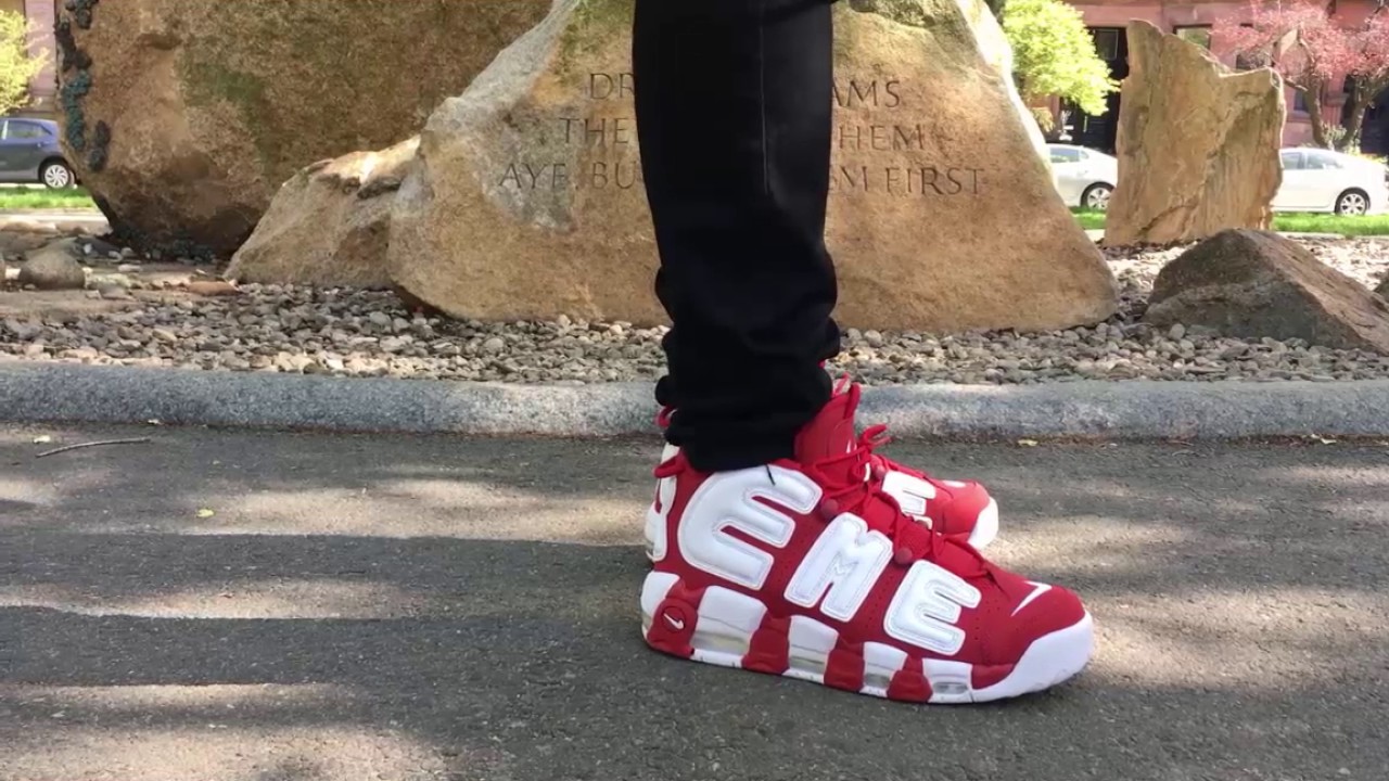 Supreme Nike Uptempo On-Feet Red Color way